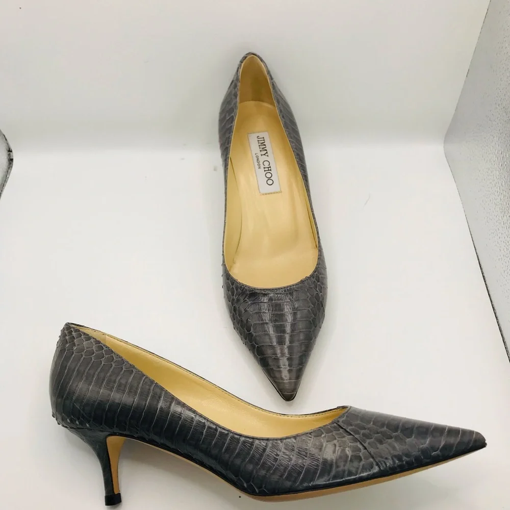 Jimmy Choo Gray Pointed-Toe Kitten Heel Pumps - Picture 2 of 12
